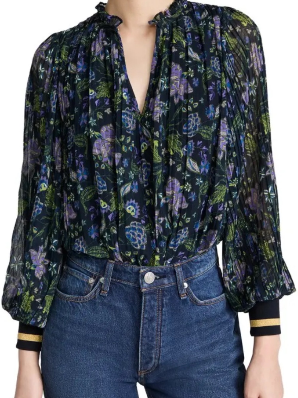 Ramy Brook Black Sheer Floral Blouse with Purple & Green Accents - Picture 1 of 7